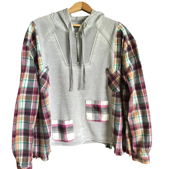 Patchwork Hoodie, Plus Size XL-2X: Upcycled Gray Magenta Plaid Boho Jacket - Picture 3 of 15